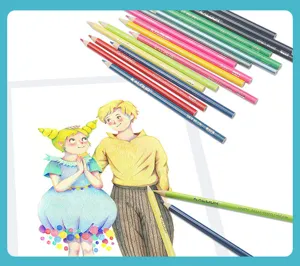 Detailed view of Kalour colored pencils showcasing vibrant leads and a hand-drawn artwork sample.