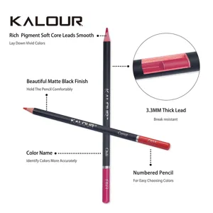Detailed view of Kalour oil-based colored pencil featuring 3.3mm thick core and matte black finish.
