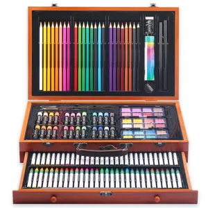 Professional Wooden Box Art Set Painting Coloring Tools Colored Pencils Crayons Watercolor Cakes Drawing Kit