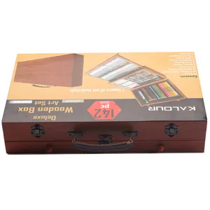 Deluxe 142-piece wooden art set with colored pencils, crayons, and watercolours for creative painting.