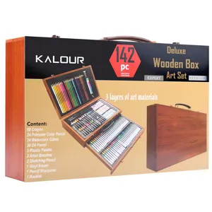 142 piece deluxe wooden box art set with colored pencils, crayons, and painting tools.