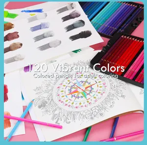 Detailed view of the 120-color watercolor colored pencils set with coloring book and color swatches.