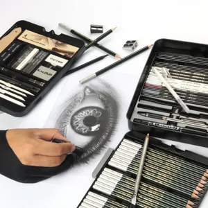 Set professionale da 70 pezzi di matite da disegno e carboncini in scatola di metallo.