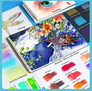 Colored pencil drawing set detail view, showing watercolor effects, swatches and sketches.