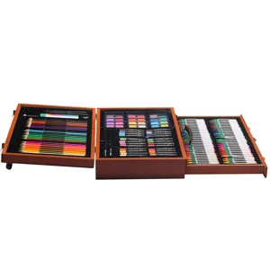 142-Piece Wooden Art Set Drawing Pencils Oil Pastels Watercolor Cake Children Art Kit