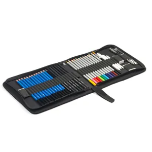 41-piece sketch pencil and watercolor pencil art drawing set displayed in black case detail
