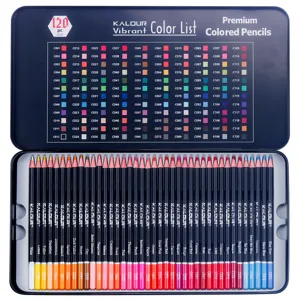 Kalour 120 colored pencils set in metal tin box, professional oil-based art drawing stationery.
