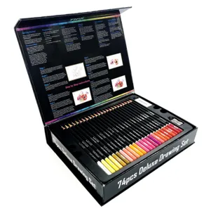 Detailed view of the 74pcs deluxe drawing set with colored pencils, eraser, and guide.