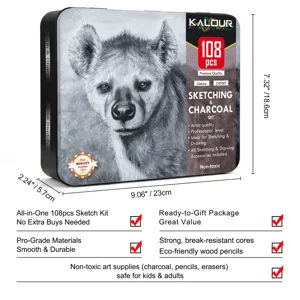 108-piece sketching and charcoal pencil art drawing set in a durable metal tin box.
