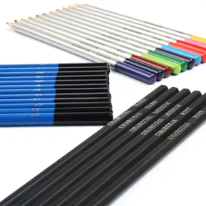Close-up detail of professional art drawing pencils set, showing watercolor and charcoal options.