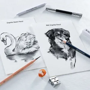 Dettaglio del set di matite da disegno Kalour 25 pezzi con grafite opaca e carta.