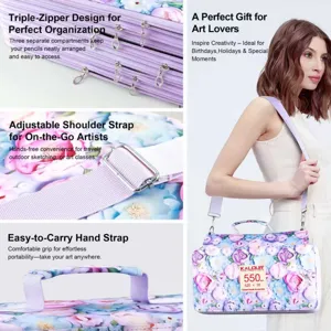 Large capacity floral pencil case with triple zipper and shoulder strap for art supplies.