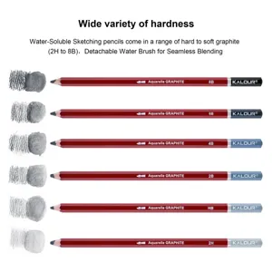 Detailed view of water-soluble graphite sketching pencils with brush strokes and hardness range.