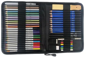 Detail view of 51-piece sketch pencil set interior layout, organized drawing tools in black case.