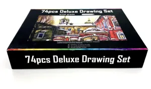 Detailed view of the 74-piece deluxe drawing set showing premium artist grade art supplies.