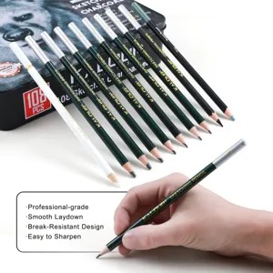 Detail view of KALOUR 108-piece sketch pencil set, featuring professional art tools and metal tin.