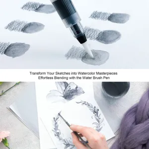 Water brush pen detail showing smooth watercolor blending and sketching on professional art paper.