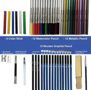 51-piece sketch pencil art drawing set details, showing various pencils, sticks and tools.