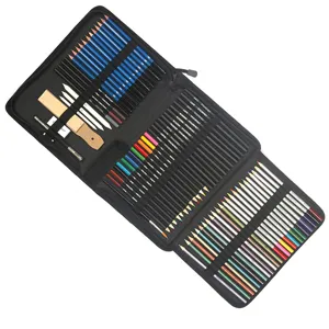 Detailed view of the organized pencil slots, charcoal pencils and blending tools inside case.