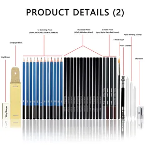 Detail view of sketching pencil set components, showing various grades and essential art tools.