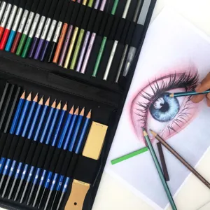 Detail view of 51-piece sketching pencil and colored pencil set in black zipper storage case.
