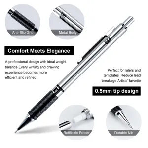 Detailed view of 0.5mm metal mechanical pencil with anti-slip grip and durable nib.