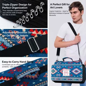 Triple-zipper pencil case detail view showing adjustable strap and ethnic style printed pattern.
