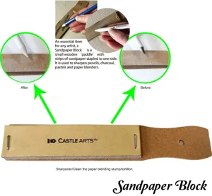 Detail view of wooden sandpaper block sharpener for artist sketch pencils charcoal pastels tools.