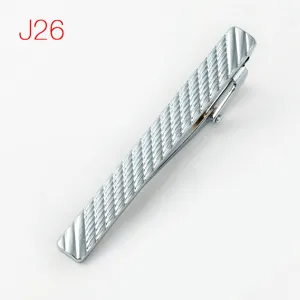 Silver metal tie clip detail shot, classic striped pattern for men business formal suits.