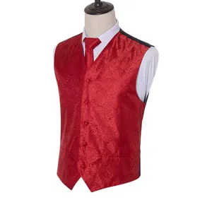 Men's red paisley jacquard vest tie set, slim fit silk wedding party waistcoat suit top.