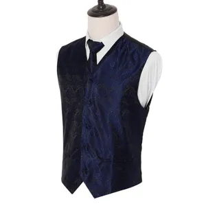 Men's slim fit blue paisley pattern waistcoat and tie set for party wedding business.