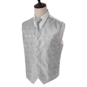 Men's slim fit grey paisley jacquard suit vest with matching tie for wedding party business.