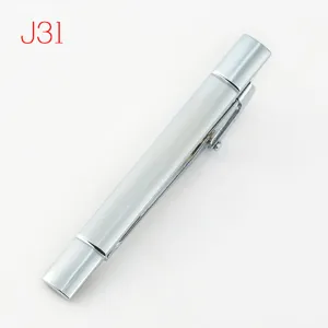 Close-up detail view of a sleek silver metal tie clip, perfect for formal business attire.