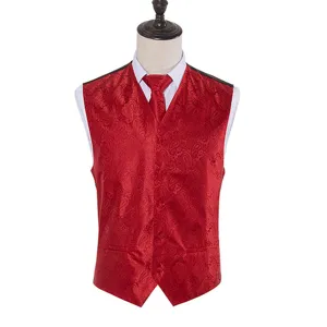Men's Slim Fit Polyester Paisley Jacquard Vest Tie And Pocket Square For Wedding Party Business Casual V-Neck Top