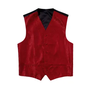 Men's red paisley jacquard waistcoat detail, slim fit formal party vest fabric close-up view.