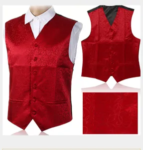 Detailed view of the red men's vest back and fabric texture with exquisite scroll patterns.
