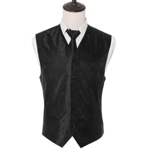 Men's slim fit paisley jacquard vest and tie set, elegant formal wear detail view.