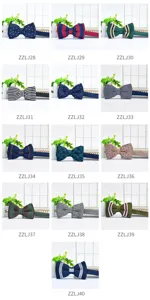 Men's knitted bow tie assortment featuring various striped and dotted patterns for formal wear.