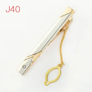Men's two-tone metal tie clip with chain geometric engraved crystal detail 8012.