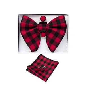 Men Cotton Bow Tie Pocket Square Cufflinks Set Classic Plaid Pattern Formal Wedding Suit Accessories Gift