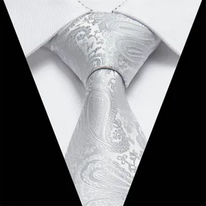 Silver paisley jacquard tie detail, classic mens wedding party necktie and formal accessory.