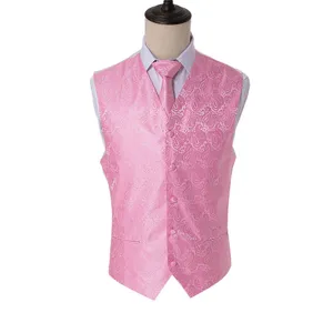 Men's pink paisley jacquard vest tie set, slim fit waistcoat detail view for party wedding.