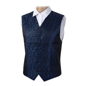 Men's blue paisley suit vest formal business slim waistcoat wedding party attire main view