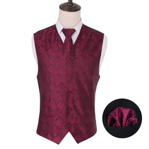 Men's classic paisley pattern vest tie and pocket square set for wedding groom business attire