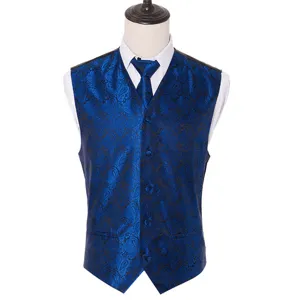 Men's blue paisley jacquard slim-fit suit vest waistcoat with matching tie for wedding party