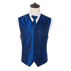 Men's Blue Paisley Suit Vest and Tie Set Formal Business Wedding Groomsman Waistcoat