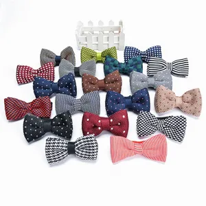 Men's knitted polyester bowtie set, assorted dot and stripe patterns for formal and casual wear.