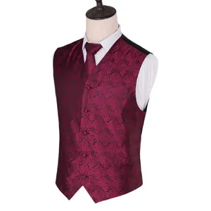 Men's slim fit paisley jacquard vest and tie set, elegant wine red formal wear for parties weddings.