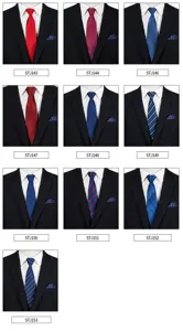 Men business suit tie and pocket square set variant grid display, elegant striped jacquard.