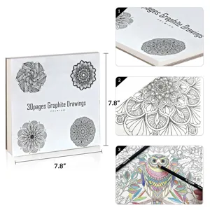 Square 30-pages graphite drawing book with mandala design and 7.8 inch portable size.